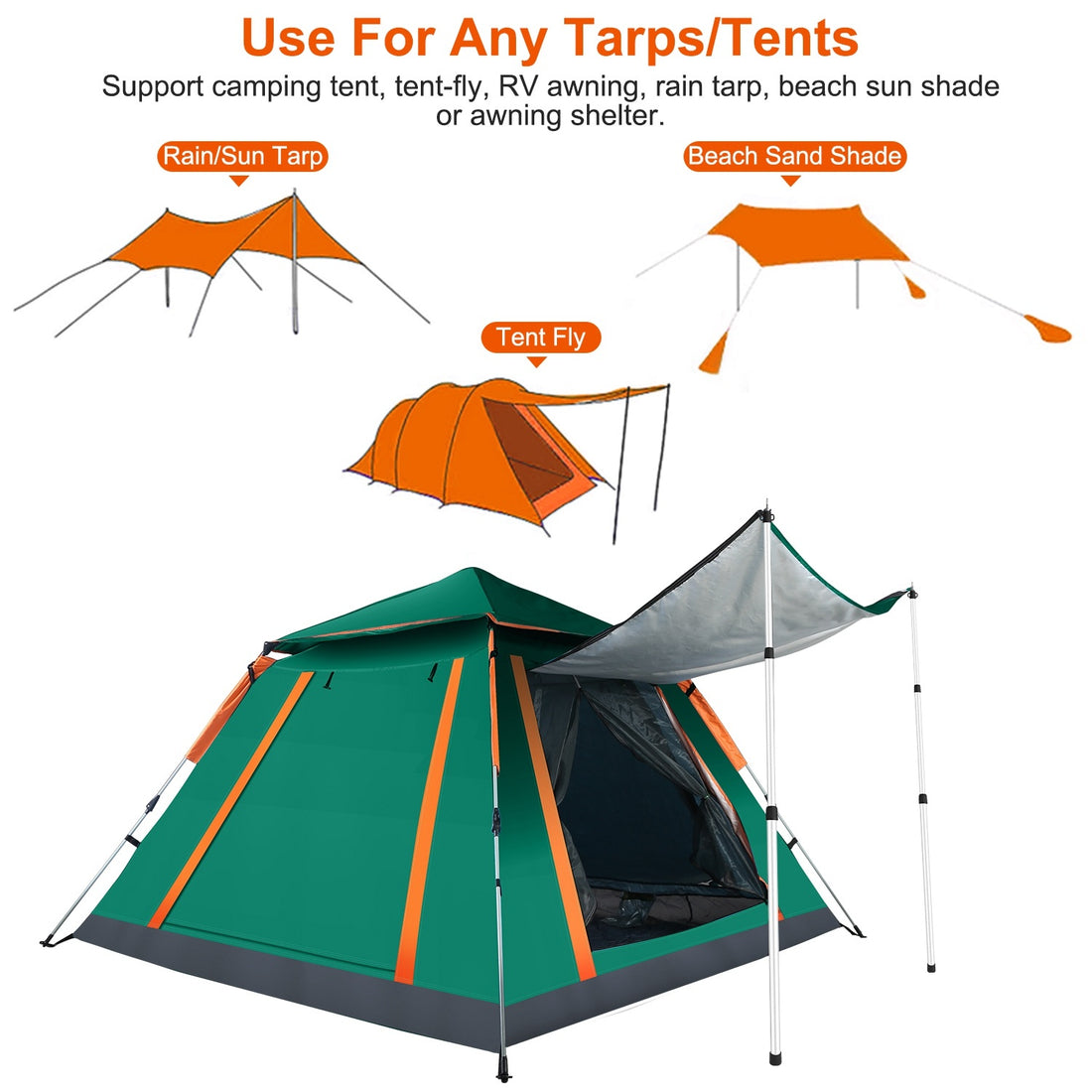 2Pcs Telescoping Tarp Poles Portable Aluminum Awning Poles 3FT To 7.5FT Adjustable Telescopic Tarp Tent Rods